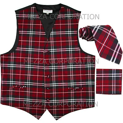 New Vesuvio Napoli Men's plaid Tuxedo Vest Waistcoat_Necktie & Hankie set Red - Image 1 of 4
