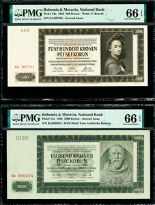 Bohemia & Moravia 500 & 1000 Korun 1942 Pick-12a & 15a GEM UNC PMG 66 EPQ - Picture 1 of 2