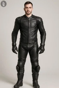Full Black Motorcycle Racing Leather Suit Men 2-Piece CE Armor Motorbike Riding - Picture 1 of 4