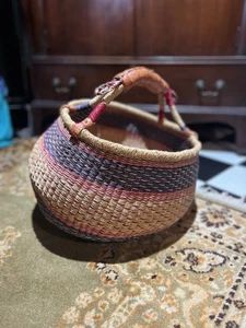 Vintage Woven Bolga Market Basket Leather Red Blue  - Picture 1 of 7