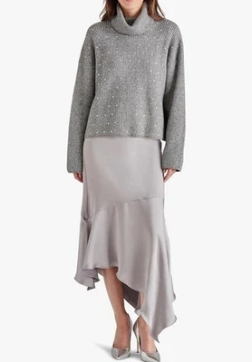 Falda midi asimétrica satinada Steve Madden Lucille S gris ceniza plateada vacaciones Foto 1 de 4