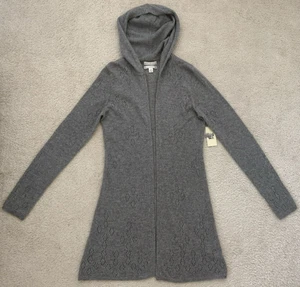 Neu mit Etikett Max Studio 100 % Kaschmir graue lange Strickjacke mit Kapuze vorne offen Größe S - Bild 1 von 8