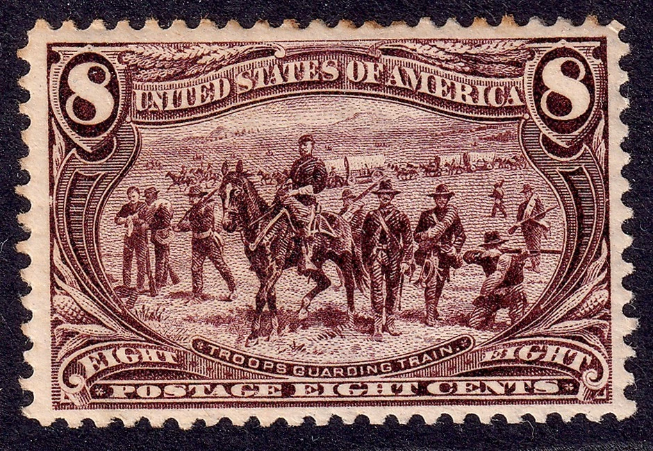 US Scott 289, 1898 Troops Guarding Train, 8c violet brown, NH MINT - Image 1 of 2