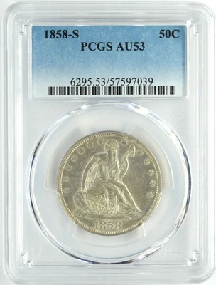1858-S SEATED LIBERTY SILVER HALF DOLLAR 50C PCGS AU 53 - Image 1 of 2