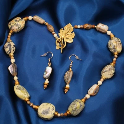 White Buffalo Turquoise, Abalone, and Jasper 19" Necklace & Earring Set 87.4g - Image 1 of 4