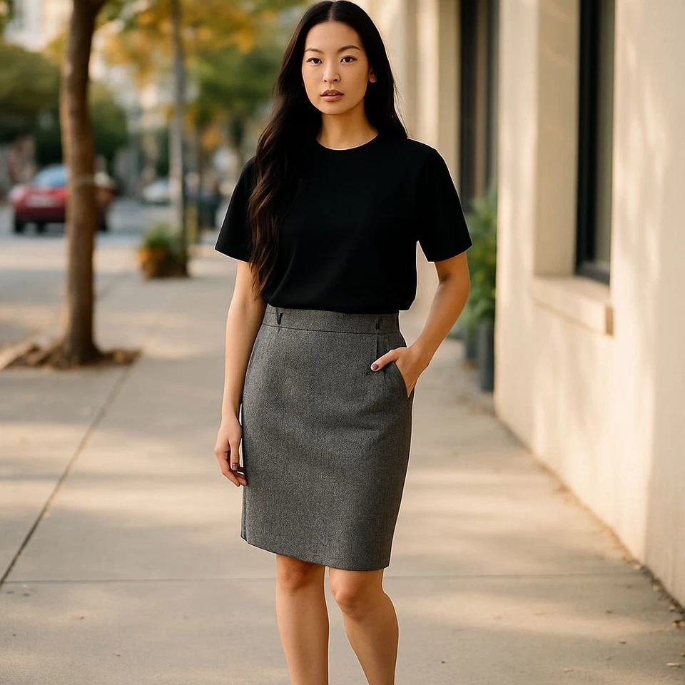 Falda Lápiz Colección Dalia Lana Espiga Cintura Alta Gris Forrada Para Mujer’s 4 Foto 1 de 4