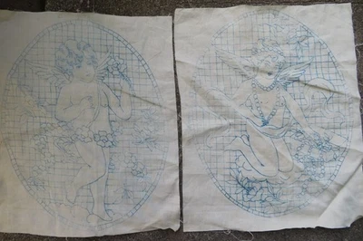 MOTIFS à BRODER anciens LOT de 2 PUTTI  sur TOILE de LIN 49 cm X 39 cm - Photo 1/3