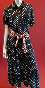 ORVIS-Navy Blue+White Polka Dots-Midi Shirt Dress Full Skirt Classic SS Sz 16 - Picture 1 of 13