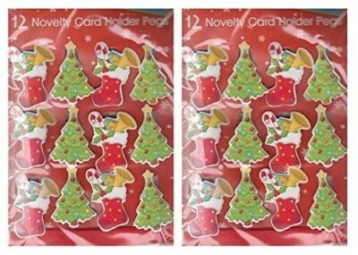 2 x Pack Of 12 Novelty Christmas Peg Card Holder On Ribbon Tree & Stocking - 2M - Image 1 of 3
