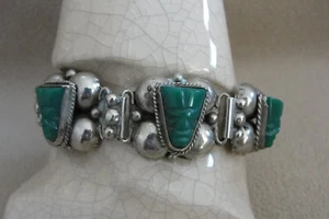 Vintage Green Onyx Tribal Mask and Sterling Silver Bracelet - Picture 1 of 8