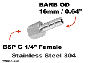 BSP G 1/4" FEMALE to BARB OD 16mm / 0.64" Stainless Tail Adaptor Hose - Picture 1 of 3