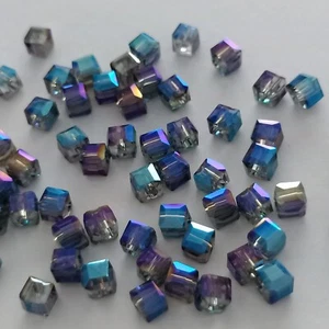 48pcs 4mm Blue Colorized Metallic Square Cube Glass Beads AUS Free Postage DZ - Picture 1 of 3