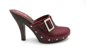 MIA Cordovan Leather Wood High Heel Mule Studded Rhinestone Buckle Rocker Glam - Bild 1 von 15