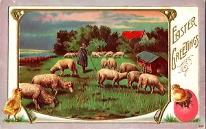 Antigua postal de felicitación de Pascua en relieve oveja pastor bebé pollito - Imagen 1 de 2