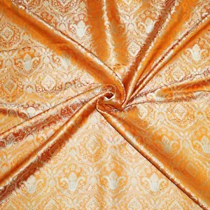 Indian Jacquard Banarasi  Brocade Silk Fabric Orange For Party Dress By The Yard - Picture 1 of 6