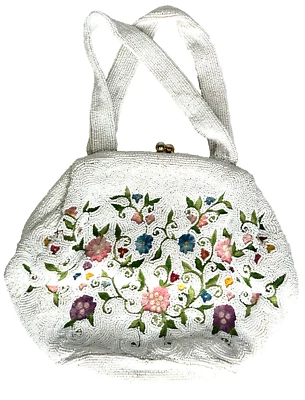 Винтажный Saks Fifth Avenue микро бисером и вышитый белый цветочный сумочки Бельгии - Изображение 1 из 4