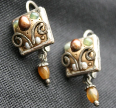 Vintage MICHAL GOLAN Cabochon & Bead Drop Earrings 80s - Image 1 of 3