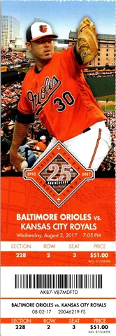 TICKET - Baltimore Orioles vs Kansas City Royals (August 2 2017) Chris Tillman Cover