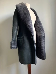 ABRIGO DE PIEL DE OVEJA GENUINO 8 10 abrigo verde negro oversize largo ajuste relajado - Imagen 1 de 20
