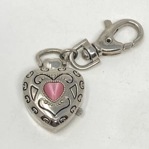 Heart Keychain Watch Women Fob Silver Tone Pink Cats Eye Pink Dial New Battery - Picture 1 of 10