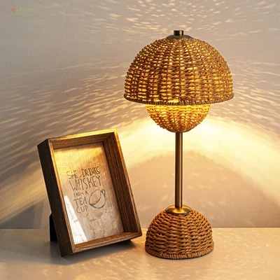 Country Hand-woven rattan USB Dimmable Table Lamp Desk Light Bedside Nightlight - Image 1 of 4