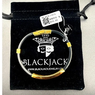 Brazalete Brazalete Blackjack BJB251G Para Hombres Negro Silicona Dorado Acero Inoxidable Alambre Foto 1 de 4