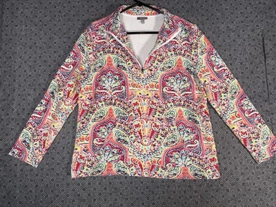 T BY TALBOTS PAISLEY 1/4 PULLOVER FLEECE WOMEN'S LARGE PETITE COLORFUL STRETCH - Image 1 of 4