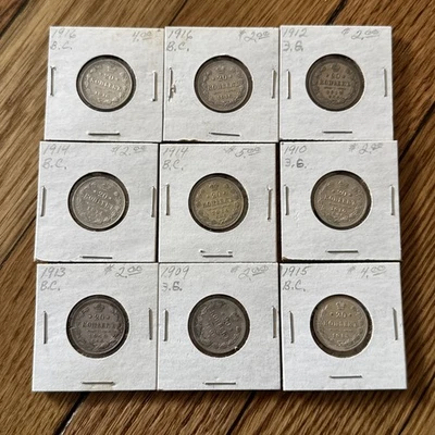Lot of nine (9) RUSSIA 20 KOPEKS 1909-1916 silver coins VF-XF Condition - nice! - Image 1 of 4