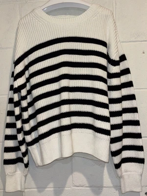 Suéter Gap Mujer Grueso Tejido Cuello Redondo Blanco Negro Rayas Pullover Talla XL Foto 1 de 4