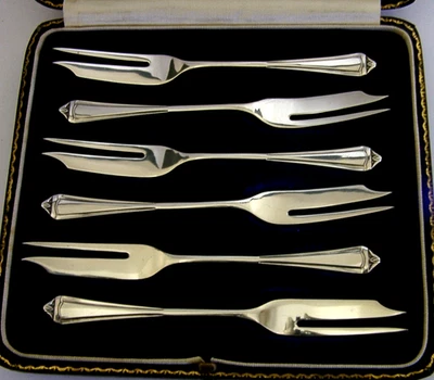 CAJA SEIS TENEDORES DE PASTELERÍA INGLESES DE PLATA ESTERLINA 1941 ART DECO 72g Foto 1 de 4