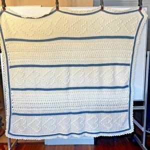 Vintage Crochet Afghan Blanket White Blue 75x60" Throw Lodge Cabin Holiday - Picture 1 of 21