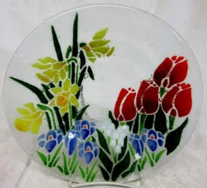 PEGGY KARR Fused Glass 8 1/2" BOWL with SPRING FLOWERS, Tulips,Daffodils,+ more - Picture 1 of 1