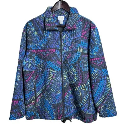 Chaqueta acolchada acolchada de seda vintage Chico's talla 2 geométrica años 90 ligera Foto 1 de 4