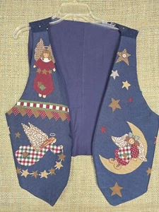 Women's Christmas Vest Handmade Winter Blue Moon Angles Stars - Picture 1 of 11