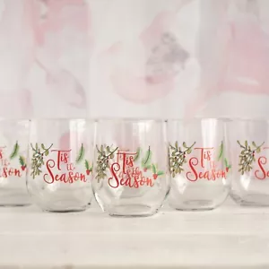 Set of 6 Christmas Glasses, Holiday Stemless, Tis the Season, 16 oz - Picture 1 of 6