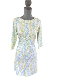 J. McLaughlin Kleid weiß blau grün Kettenmuster Rüschen Sommer Catalina Etui S - Bild 1 von 10