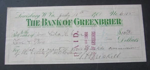 1901 - BANK OF GREENBRIER - BANK CHECK - LEWISBURG West Virginia - Picture 1 of 1