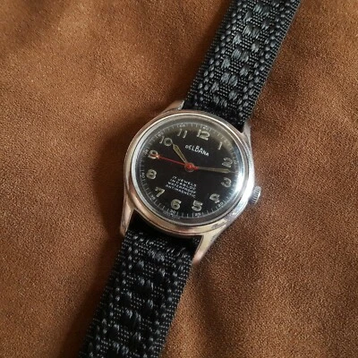 W! Military DELBANA Swiss Wristwatch Black 17J 1940s WW II 2 Men UHR - Image 1 of 4