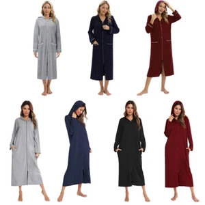 Women'Hooded Zipper Bathrobe Spa Long Sleeve W/Pockets Sleepdress Nightie S-2XL - Picture 1 of 26