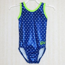 Gk Elite Girls Leotard Blue Polka Dot Green Trim Size Cxs Child Extra Small