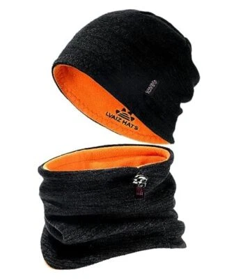 冬季豆豆帽男式围巾女式针织厚羊毛均码黑色+橙色 — 第 1/4 张图片