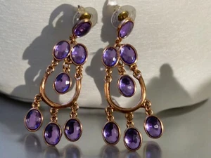 Joan Rivers Rose Gold Tone Faceted Purple Crystal Dangle Drop Pierced Ears Vtg - Picture 1 of 5