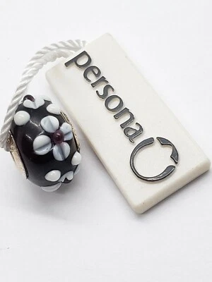 .925 PLATA ESTERLINA PERSONAJE ENCANTO NEGRO BLANCO FLORES GOLPEADO JARDÍN MURANO B20 Foto 1 de 3