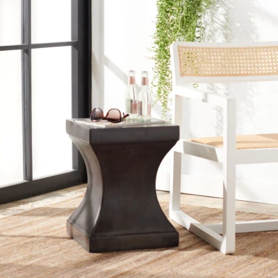 SAFAVIEH Outdoor Collection Curby Concrete Accent Stool | Black | - Image 1 of 4