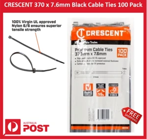New CRESCENT 370 x 7.6mm Black Cable Ties - 100 Pack + Free Shipping - Picture 1 of 6