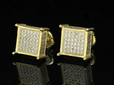 Pendientes Hip Hop Para Hombre Cuadrados Helados Chapados en Oro 14k Micro Pavé Circonita Tornillo Trasero Foto 1 de 4