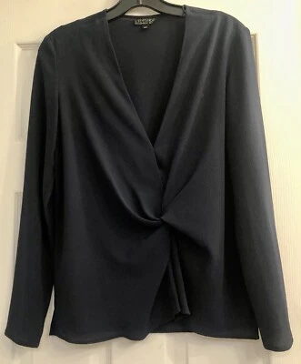 Top Shop Tiffany Knot 极简主义 6 码海军蓝 V 领长袖衬衫 — 第 1/4 张图片