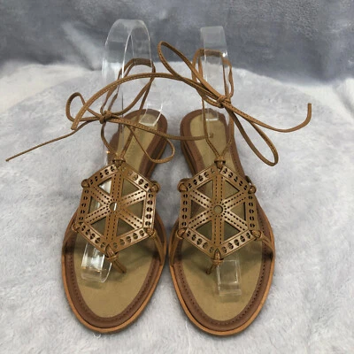 NWOT Amalfi Sz 5.5 M Brown Tooled Vegan Leather Tie Leg Medallion Sandals Italy - Image 1 of 4