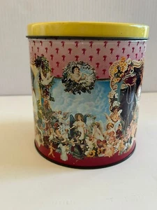 Vintage Deko Metall Blechdose mit Engel Weihnachtsgrafik gelber Deckel - Bild 1 von 15