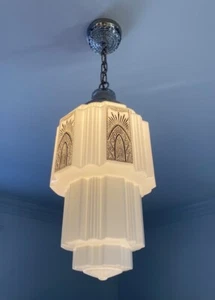ANTIQUE VINTAGE ART DECO CEILING CHANDELIER LIGHT FIXTURE SKYSCRAPER PENDANT 16” - Picture 1 of 20